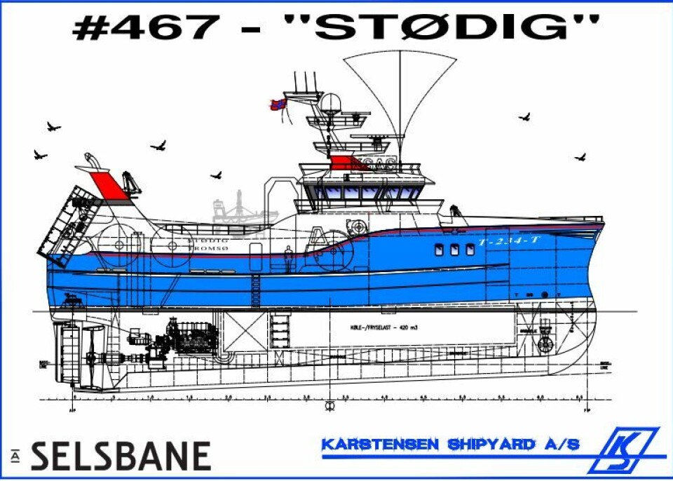 Den nye «Stødig» blir i underkant av 40 meter lang, og skal leveres i 2022. Tegning: Karstensens Skibsværft