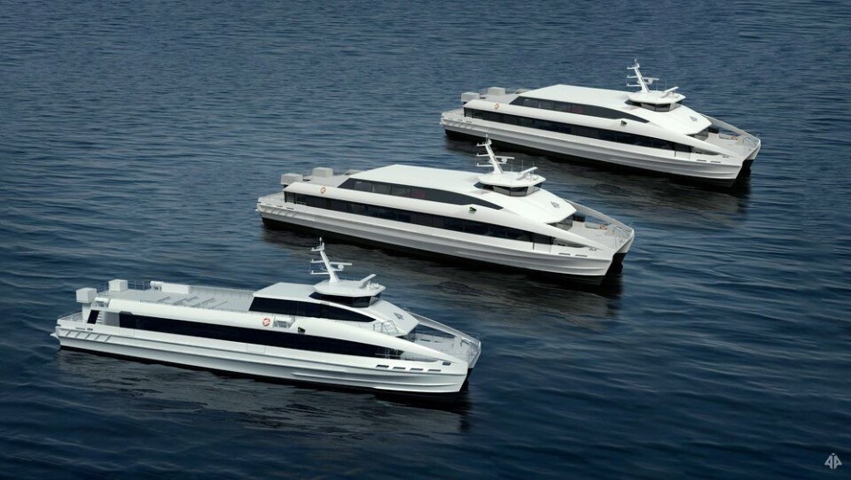 Bildet viser de tre hurtiggående katamarane i karbonfiber til Zhong Shan-Hong Kong Passenger Shipping CO-OP Co. Ltd (ZS) som Brødrene Aa fikk kontrakt på tidlig i oktober. Foto: Brødrene Aa