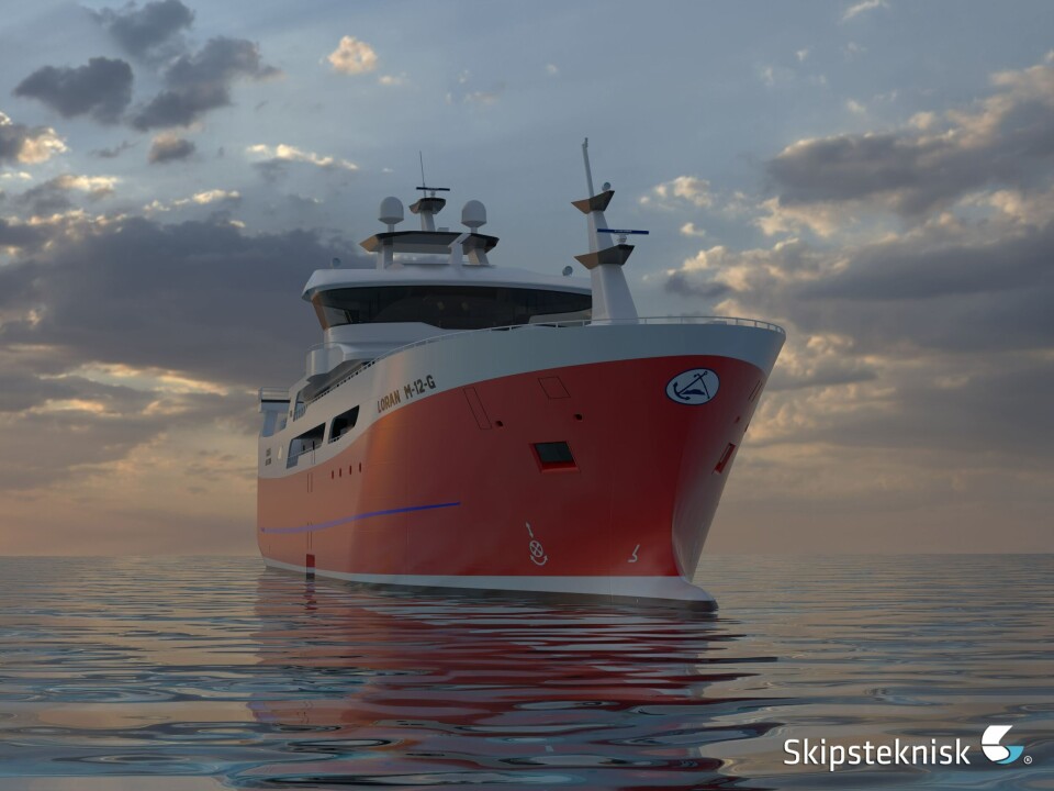 Lorans grønne og innovative fiskefartøy vil redusere det fossile drivstoffbruket med over 40 prosent. Enova støtter fartøyet med 92,5 millioner kroner. Illustrasjon: Skipsteknisk)