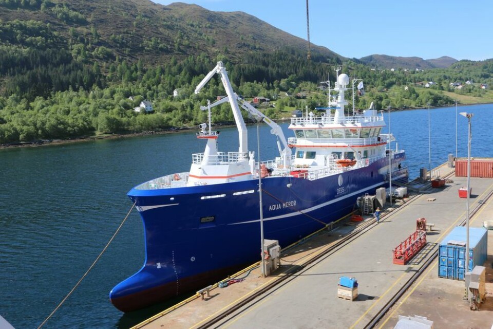 Bløggebåten “Aqua Merdø” ble overlevert til Dess Aquaculture 24. mai. Foto: Andrea Bærland.