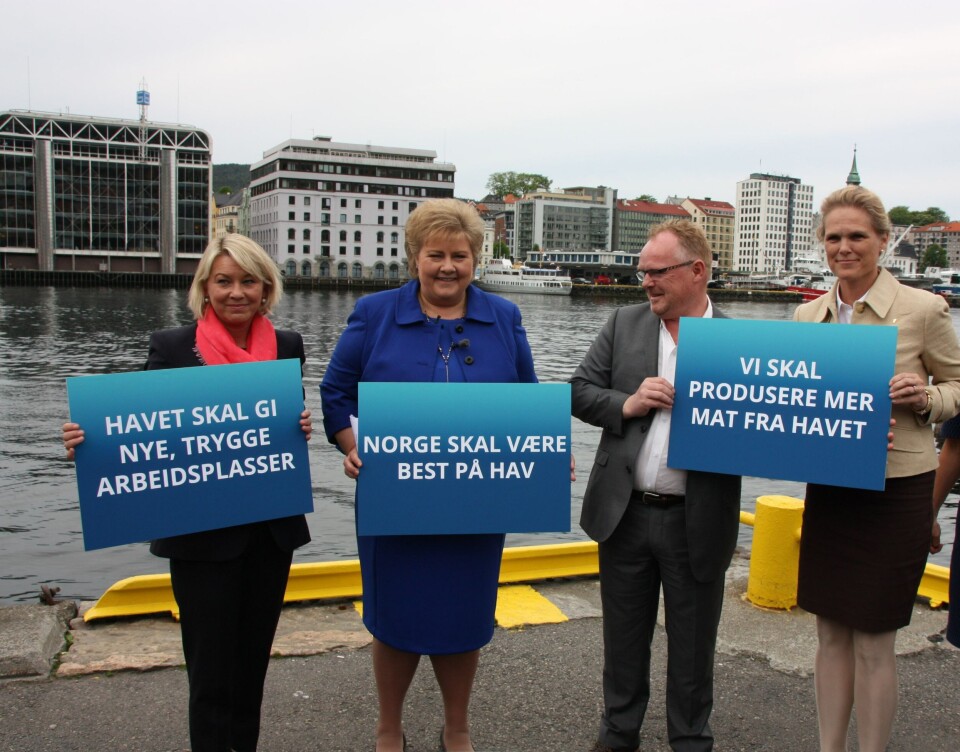 Arkivbilde: Monika Mæland, Erna Solberg, Per Sandberg og Ingvild Smines Tybring-Gjedde. (Foto: Vibeke Blich)