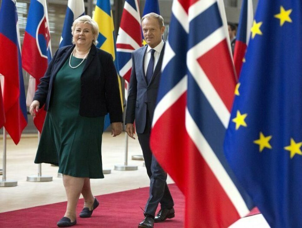 Sikret aluminium til Europa på norske skip. Statsminister Erna Solberg møtte EUs president Donald Tusk. Foto: NTB/Scanpix.