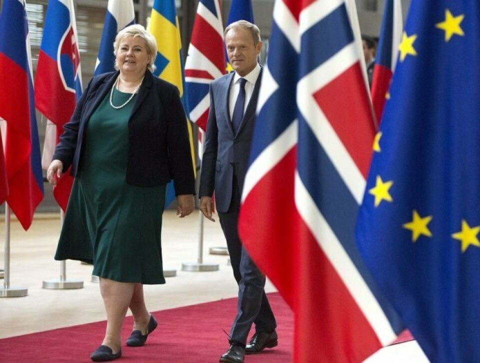 Sikret aluminium til Europa på norske skip. Statsminister Erna Solberg møtte EUs president Donald Tusk. Foto: NTB/Scanpix. Sikret aluminium til Europa på norske skip. Statsminister Erna Solberg møtte EUs president Donald Tusk. Foto: NTB/Scanpix.
