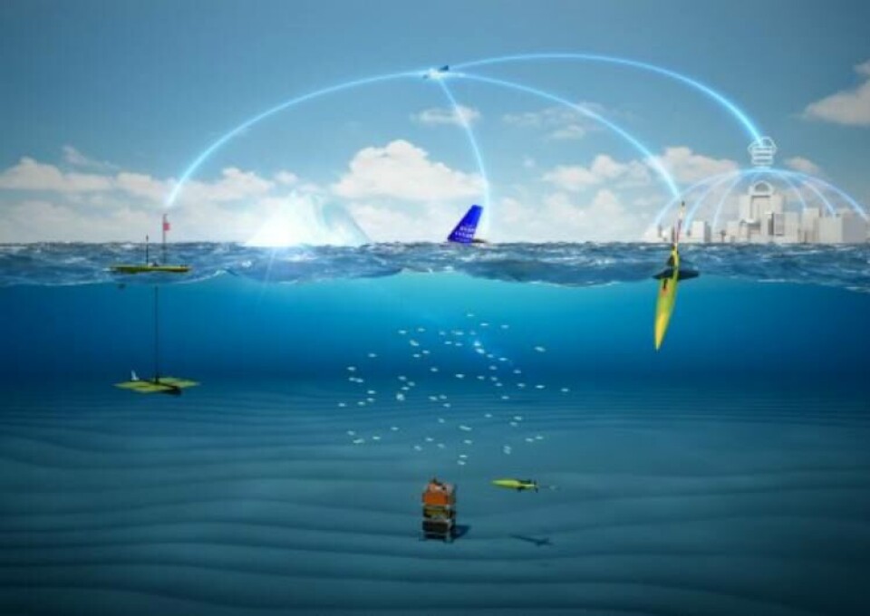 Tre ulike, ubemannede plattformer samler data som sendes via satellitt. Illustrasjon Kongsberg Maritime
