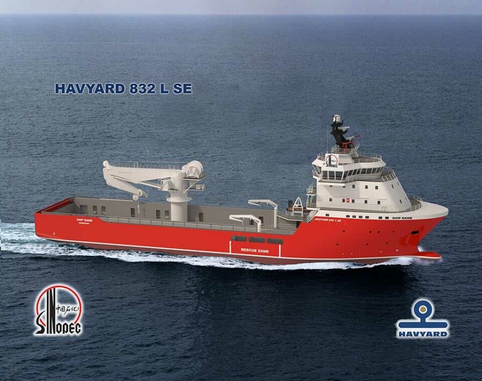 Flerbruksfartøy:. Havyard 832 L SE er i utgangspunktet et plattform forsyningsskip, men er utrustet for å kunne utføre tilleggsfunksjoner. Stor innredning og forberedelse for offshore kran gjør at fartøyet også kan brukes til lettere subsea arbeid. Illustrasjon: Gunnar Flusund