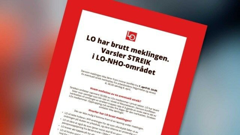 36.000 LO-medlemmer kan tas ut i streik fra søndag Foto: LO