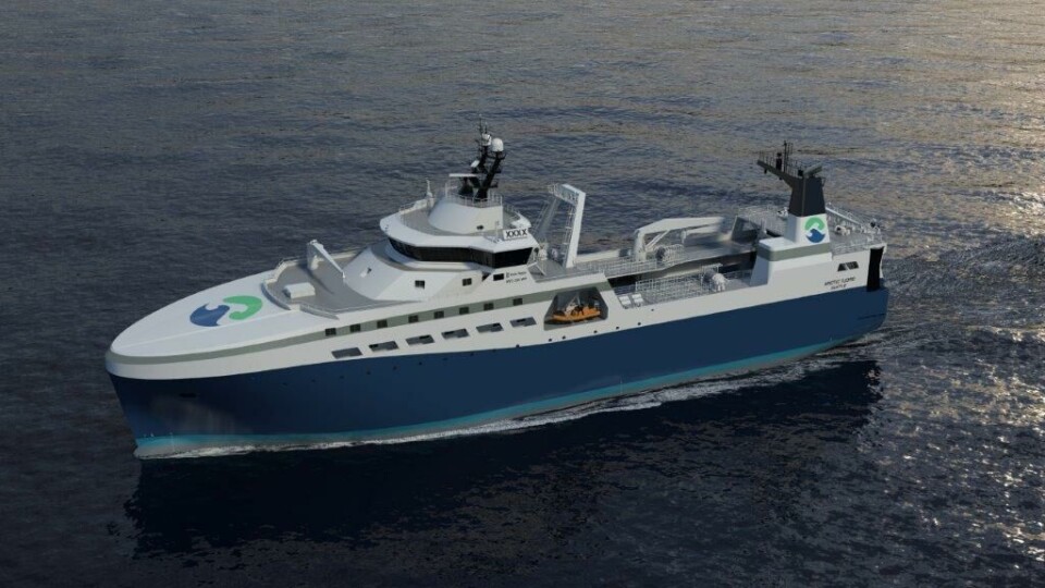 Størst i USA. Rolls-Royce har designet det 100 meter lange fartøyet. Carsoe skal levere fiskefabrikken for ombordproduksjon. Illustrasjon: Rolls-Royce