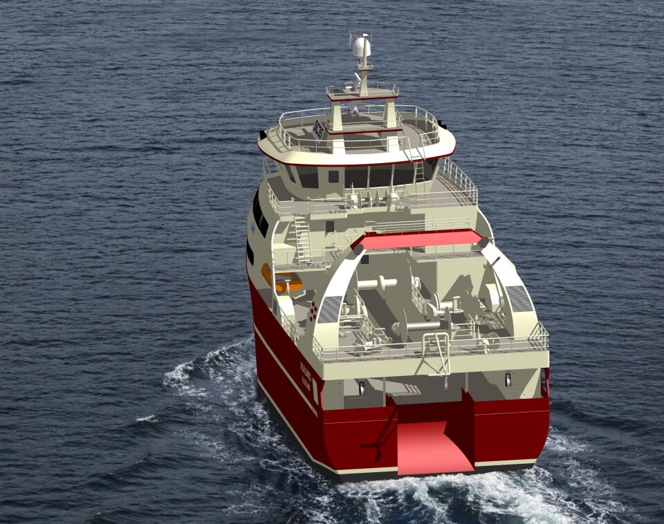 Bildet viser en illutrasjon av fremtidens fiskefartøy. Illustrasjon: Seacon
