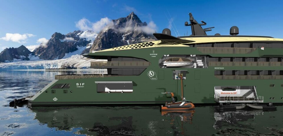Laddefartøyet som har kobla laddekabelen til ULSTEIN SIF. Illustrasjon: Ulstein Design & Solutions