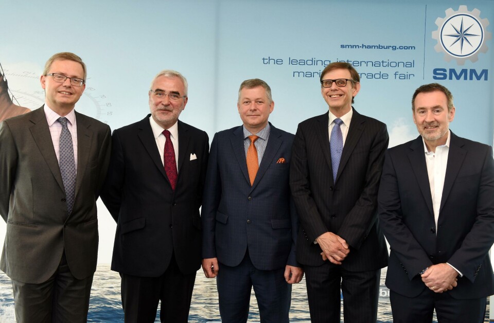 Picture SMM 2016 advance press conference: (from left) Michel van Roozendaal, President MacGregor, Bernd Aufderheide, CEO Hamburg Messe und Congress GmbH, Lars Robert Pedersen, Deputy Secretary General BIMCO, Martin Stopford, Non-Executive President Clarkson Research, Lee Adamson, Head of Public Information Services IMO.