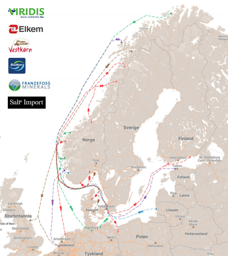 Eksempel på seilingsruter. Illustrasjon: Viridis Bulk Carriers