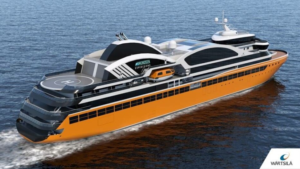 Amundsen Expeditions Wärtsilä-designede luksusekspedisjonsfartøy vil fungere effektivt i utfordrende polare- og tropiske farvann. Illustrasjon: Wärtsilä