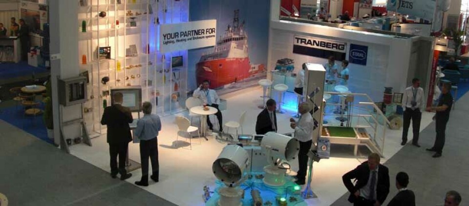 Tranberg’s produkter markedsføres og selges over hele verden og bildet viser produkter utstilt på verdens største treffsted for den maritime bransjen, SMM i Hamburg i september i år.