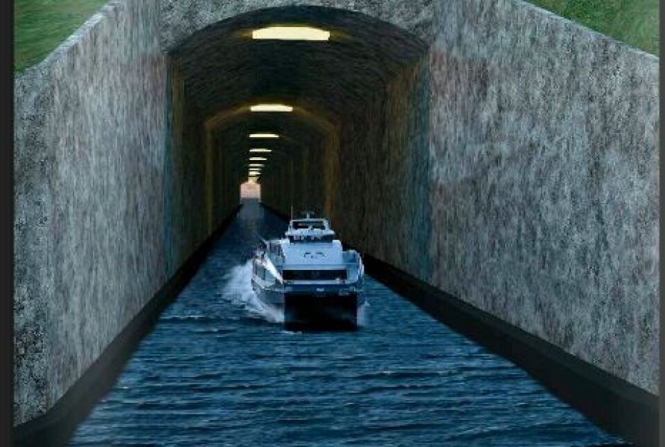 Slik tenker planleggerne at det kan se ut når verdens første skipstunnel kommer i bruk. Illustrasjon: Kystverket