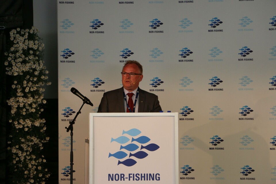 Fra dagens åpningsseremoni på Nor-Fishing: Fiskeriminister Per Sandberg har en klar ambisjon om at Norge skal produsere mer mat fra havet. Foto: Asle Strønen