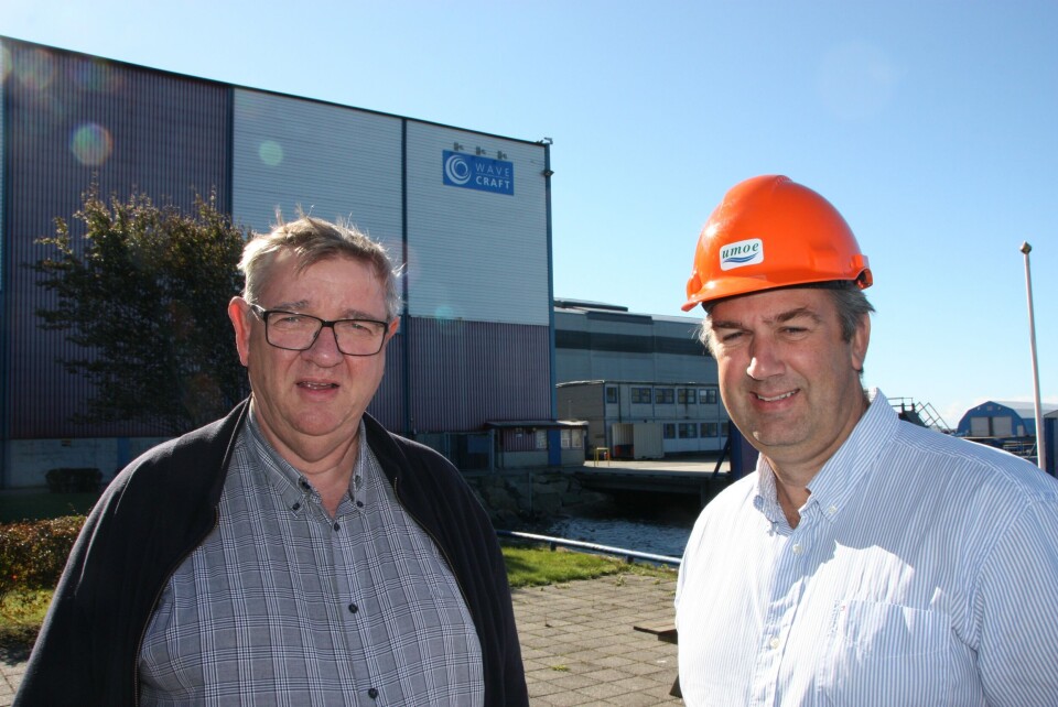 Administrerende direktør i Umoe Tom Harald Svennevig og prosjektdirektør Peter Reed-Larsen satser på tilbringerskip til vindparker. Foto: Sigbjørn Larsen.