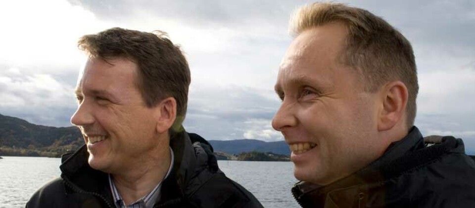 Administrerande direktør Rolf Inge Roth (til høgre) og salssjef Lars Ståle Skoge, i Ulstein Design er godt fornøgde med utmerkinga ”Årets Gaselle i Møre og Romsdal” for andre gong.