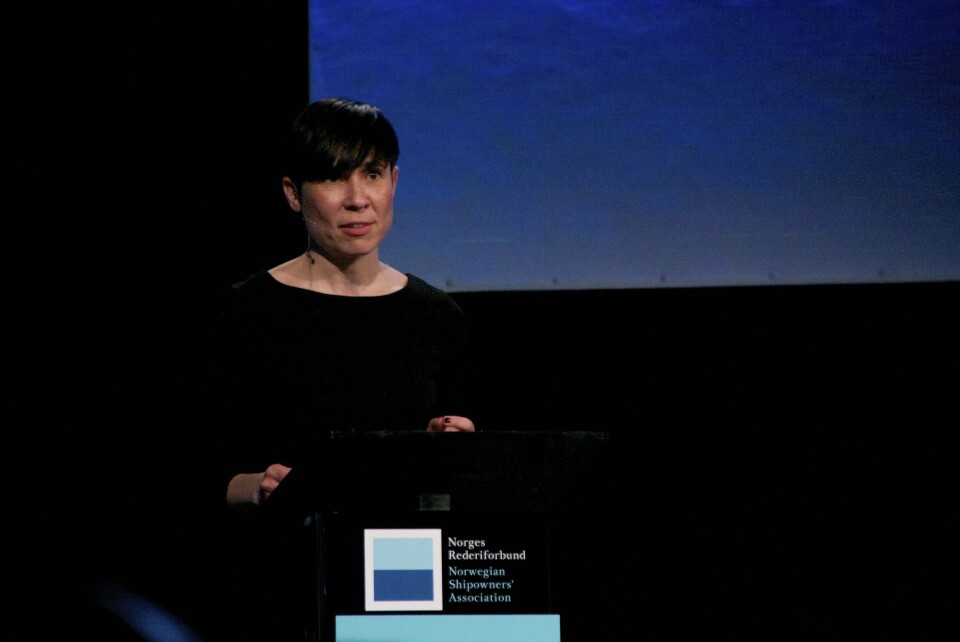 Utenriksminister Ine Eriksen Søreide på talerstolen under Global Outlook 2018. Foto: Andrea Bærland