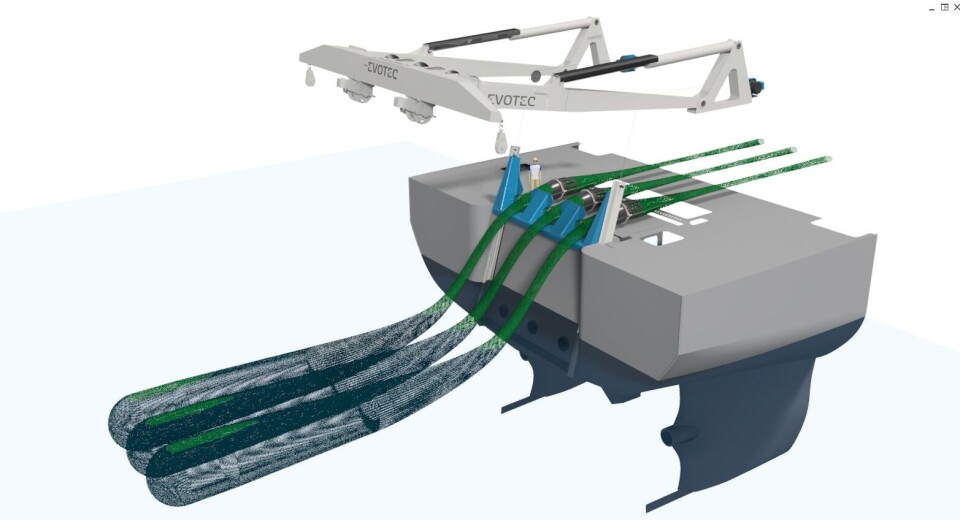 Den nye patenterte mottakssystemet for tråling, med splitt av trål og inntak av fisk under vannlinjen. Illustrasjon: Entec Evotec