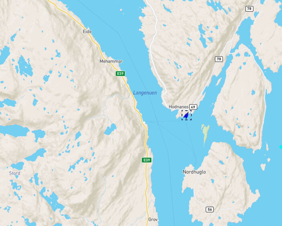 'Folgefonn' går i trekantsamband Hodnanes-Nordhuglo-Jektavik. Skjermdump: Marine Traffic