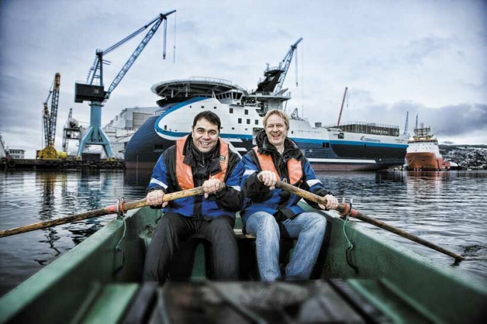 Sales manager Håvard Stave and project manager of the “Oceanic Vega”, Lidvar Lillerovde, both at Ulstein Verft, are out inspecting the Ulstein standard. The seismic vessel “Oceanic Vega” awaits them.