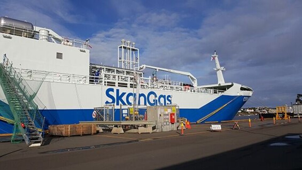 Skangas 'Coralius hadde sin første levering av LNG til terminalen i Øra, Fredrikstad den 14. september 2017. Foto: Skangas
