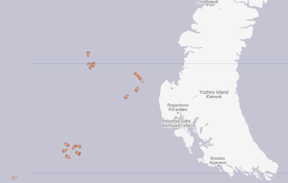 En stor redningsaksjon etter 17 russiske sjøfolk pågår vest for Novaja Semlja i Russland. Skjermdump: Marinetraffic.com