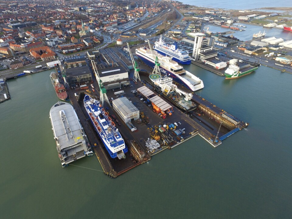 Orskov Yard har hatt 25 skip, flere med norsk flagg i hekken, inne til vedlikehold, reparasjon eller ombygning de to første månedene i 2018. Foto: Orskov Yard